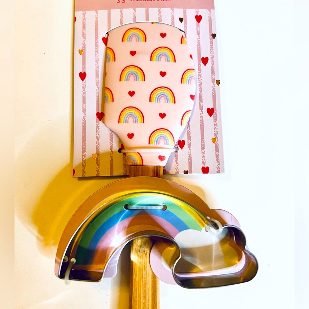 Pink Hearts & Rainbows Pointed Spatula + Steel  Rainbow Cloud Cookie Cutter